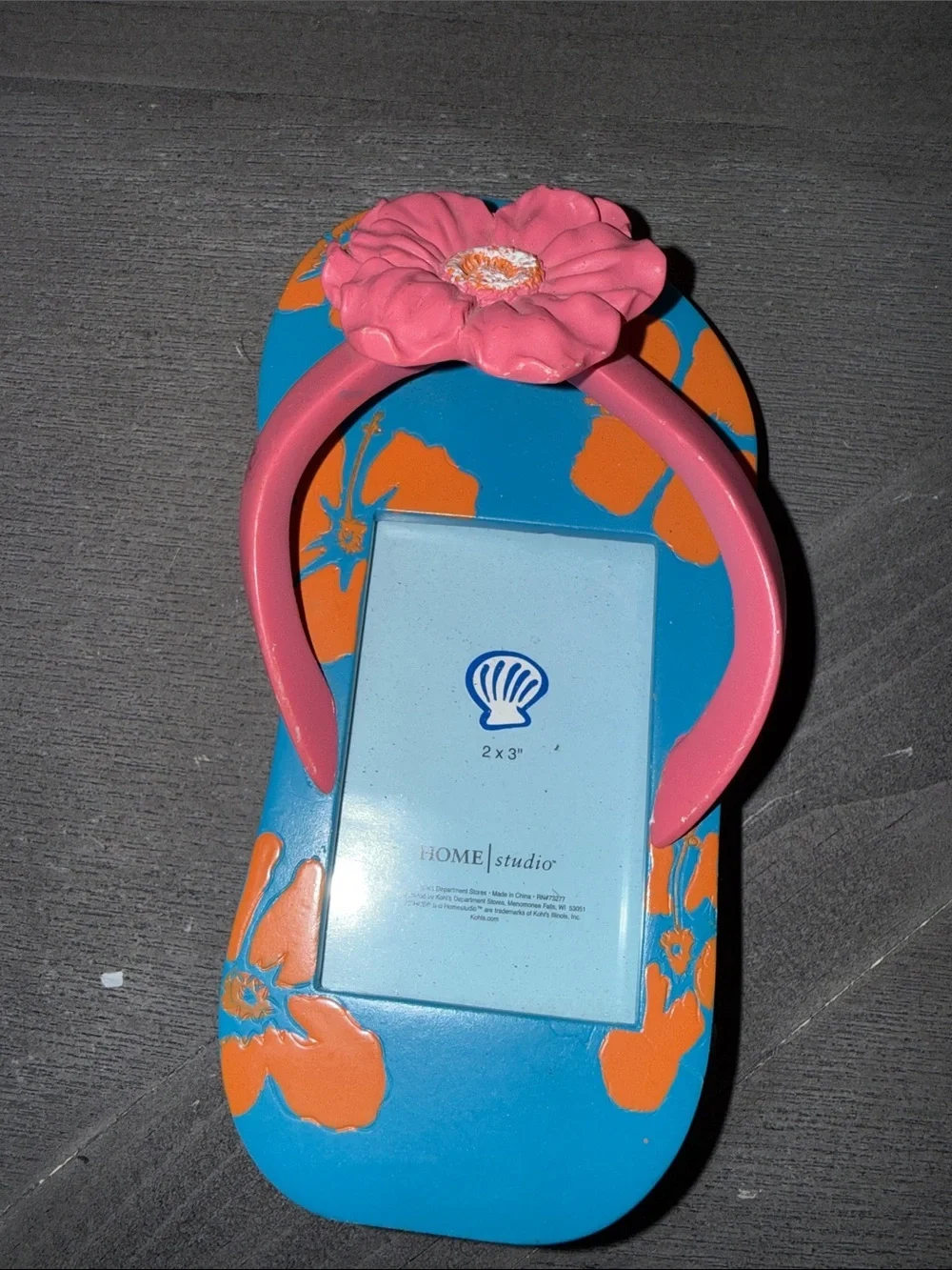 Pink & Blue Flip-Flop Picture Frame with Orange Floral Accents